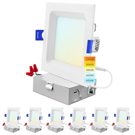 Luxrite 4 Inch Square LED Recessed Downlight 5CCT 2700K-5000K 12W 950LM Dimmable Wet Rated ETL Baffle, 6PK LR23739-6PK